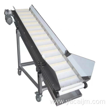 White food grade inclined belt conveyor supplies food industry.